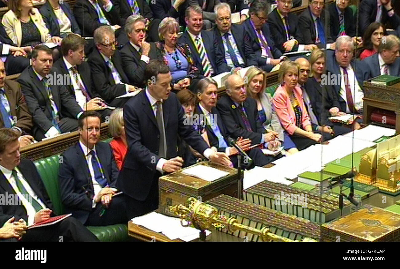 Schatzkanzler George Osborne übergibt seine Haushaltserklärung dem britischen Unterhaus, London. Stockfoto