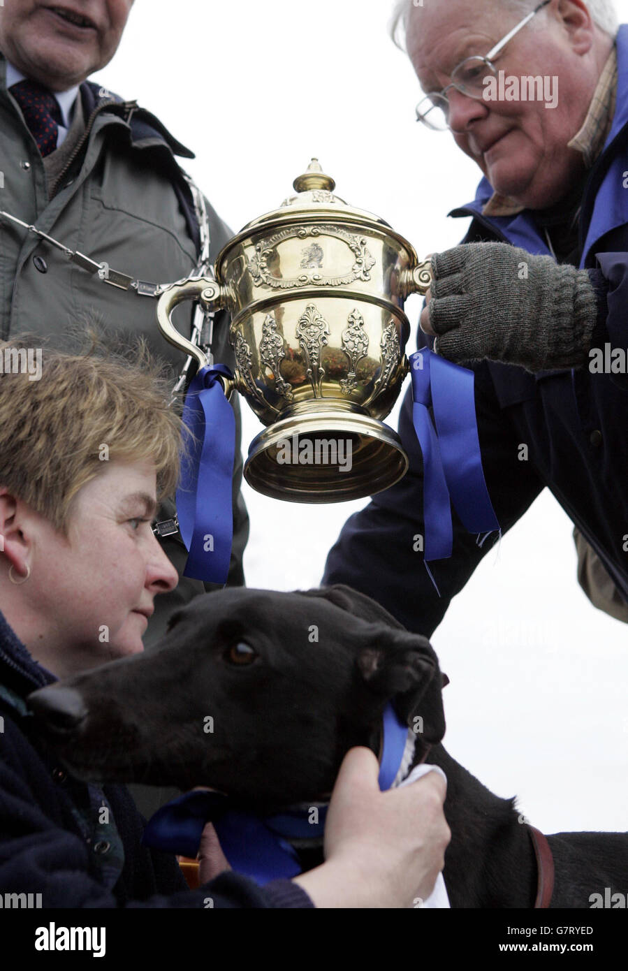 Hare Coursing - Waterloo Cup. Die Besitzer und Trainer von Greyhound Sashi werden nach dem Ende der Harecoursings-Premiere mit dem Waterloo Cup überreicht. Stockfoto