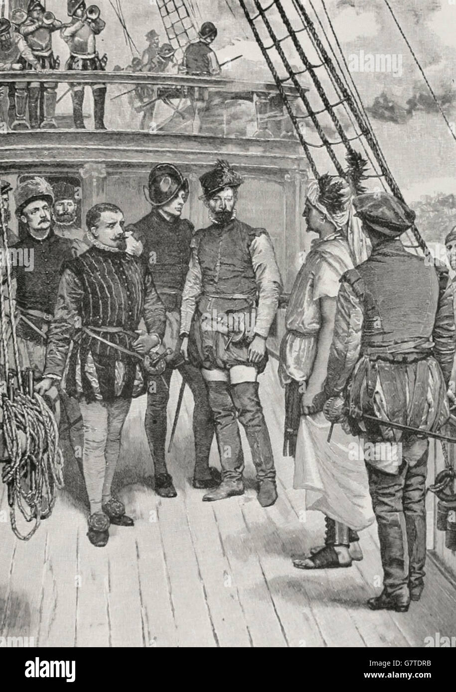 Empfang durch Columbus von Chief Quibian Stockfoto