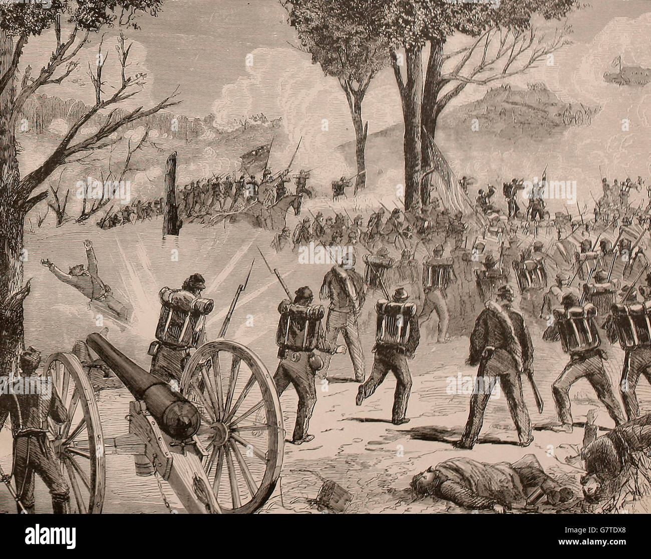 Schlacht bei Wappings Höhen - General Spinola Brigage fahren die Eidgenossen aus dem Hügel, 23. Juli 1863. USA Bürgerkrieg Stockfoto