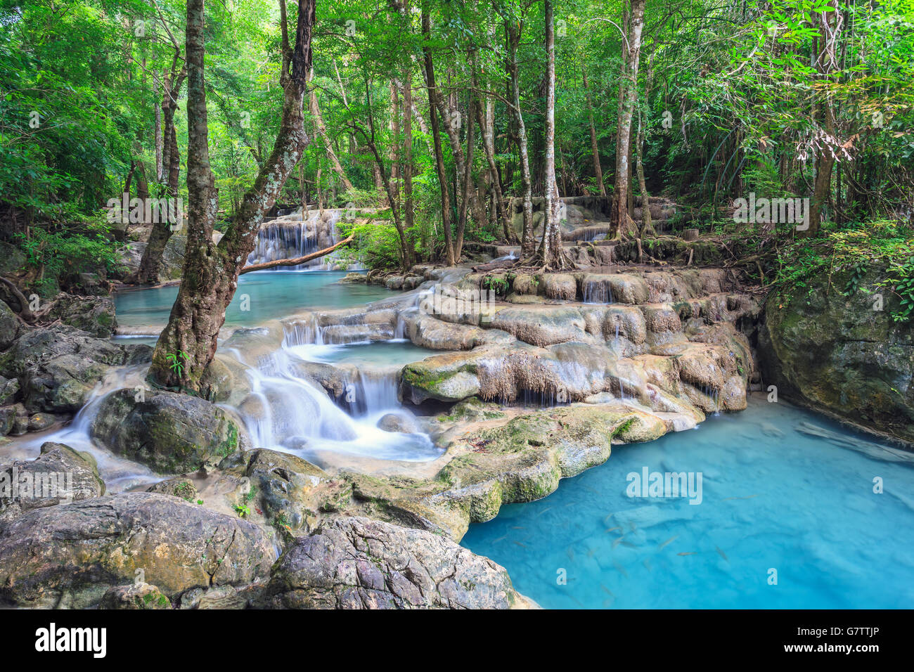 Erawan Wasserfall im tiefen Wald in Kanchanaburi, Thailand Stockfoto