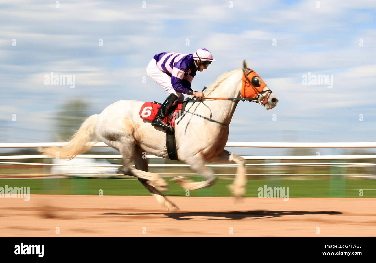 Pferderennen - Southwell Racecourse. Die Pariser Pyramide wird von Luke Rowe während des totequadpot Selling Stakes auf der Southwell Racecourse, Southwell, gefahren. Stockfoto