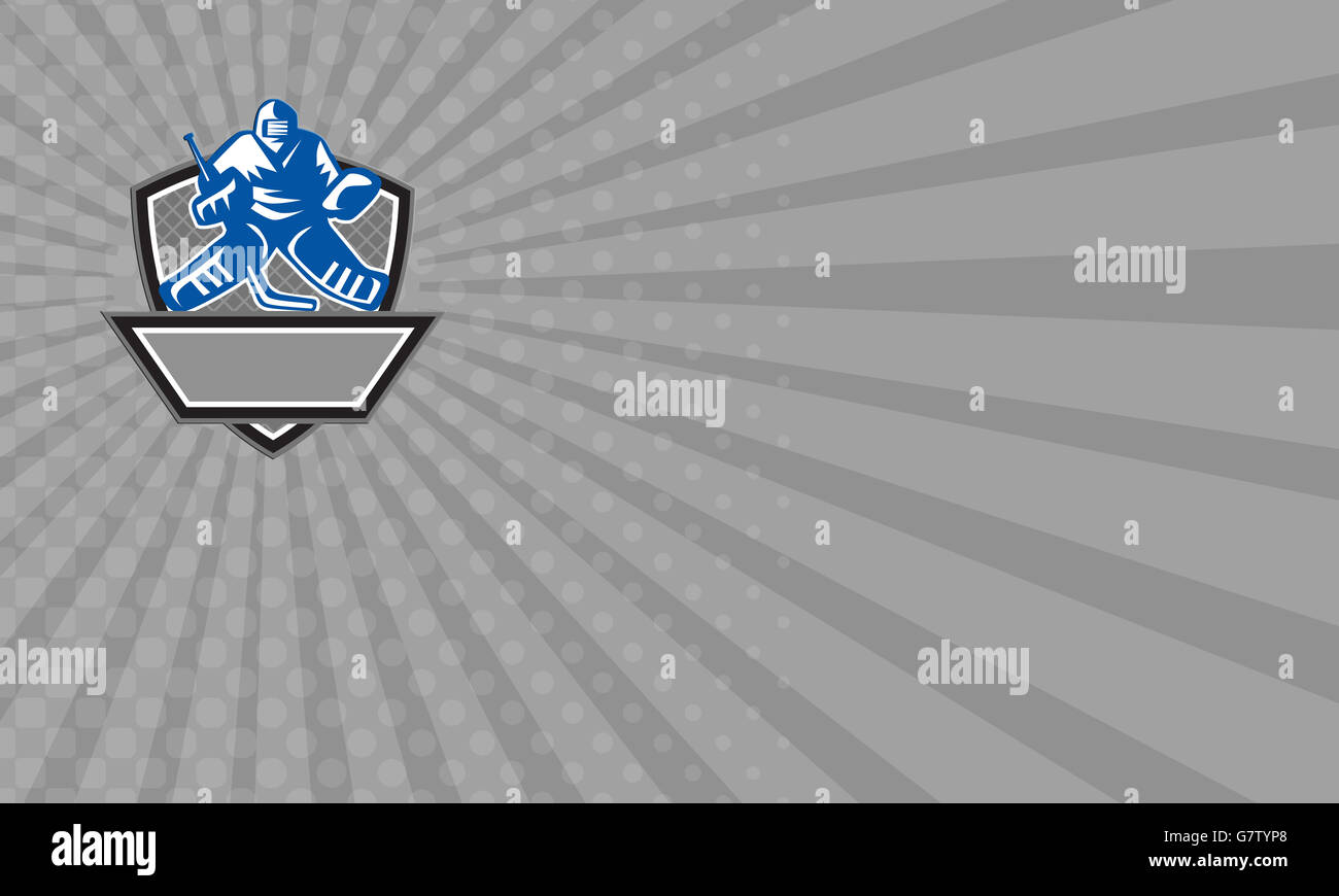 Visitenkarte zeigt Abbildung von einem Eishockey-Torwart Helm holding Hockeyschläger setzen innen Schild Wappen von vorne mit Netz im Hintergrund getan im retro-Stil gesehen. Stockfoto
