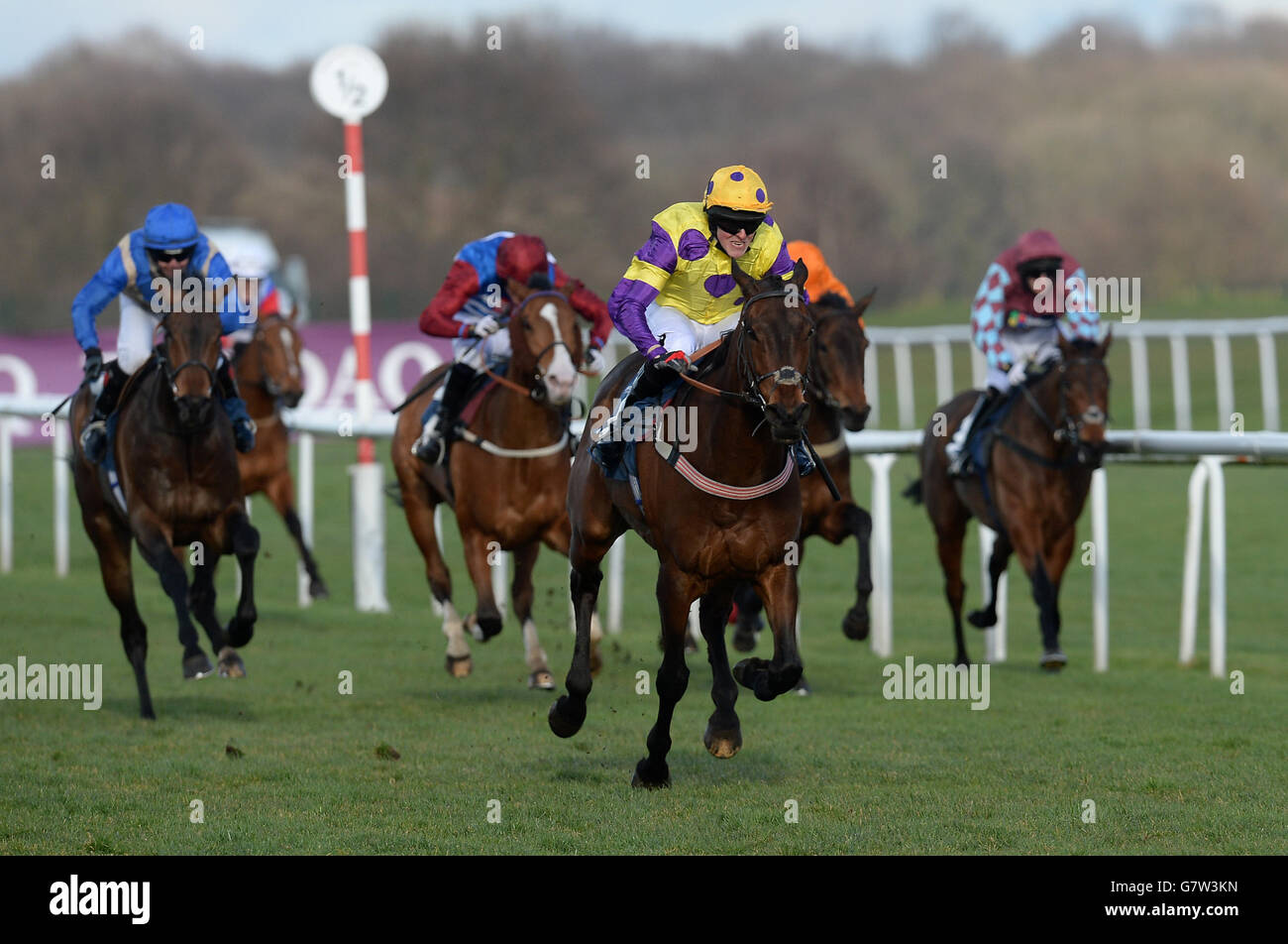 Highway Code mit Ryan Bird gewinnt beim Lincoln Family Fun Day auf der Doncaster Racecourse die Handicap-Einsätze der Safari Village Gentleman Amateur Riders. Stockfoto