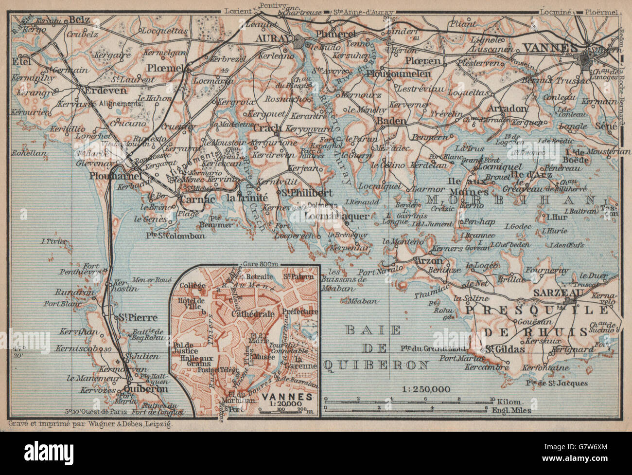 CÔTE DES MEGALITHES. Vannes Baie de Quiberon Morbihan Auray Sarzeau, 1905-Karte Stockfoto