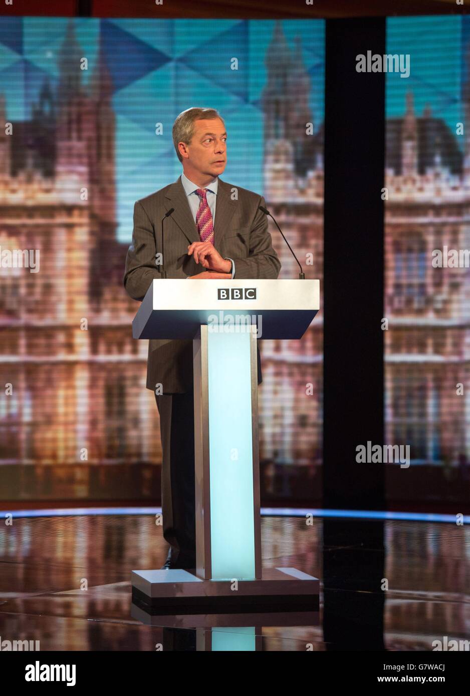 UKIP-Führer Nigel Farage während der BBC Challengers' Election Debate 2015 in Central Hall Westminster, London. Stockfoto