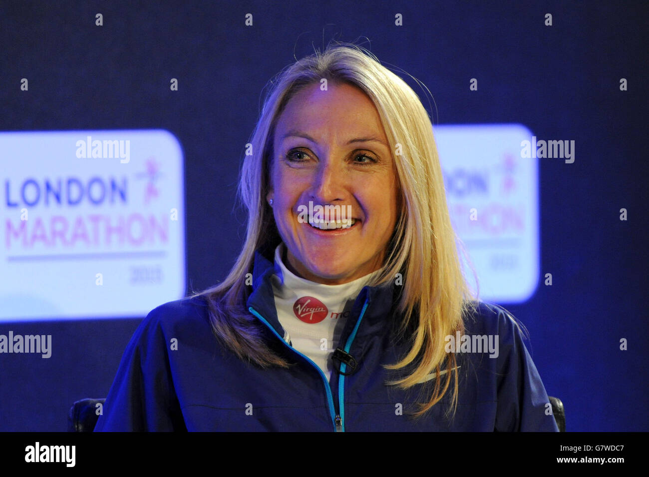 Leichtathletik - Virgin Money London Marathon 2015 - Paula Radcliffe Pressekonferenz und Photocall - Tower Hotel. Paula Radcliffe während einer Pressekonferenz vor dem Virgin Money London Marathon 2015 im Tower Hotel, London. Stockfoto