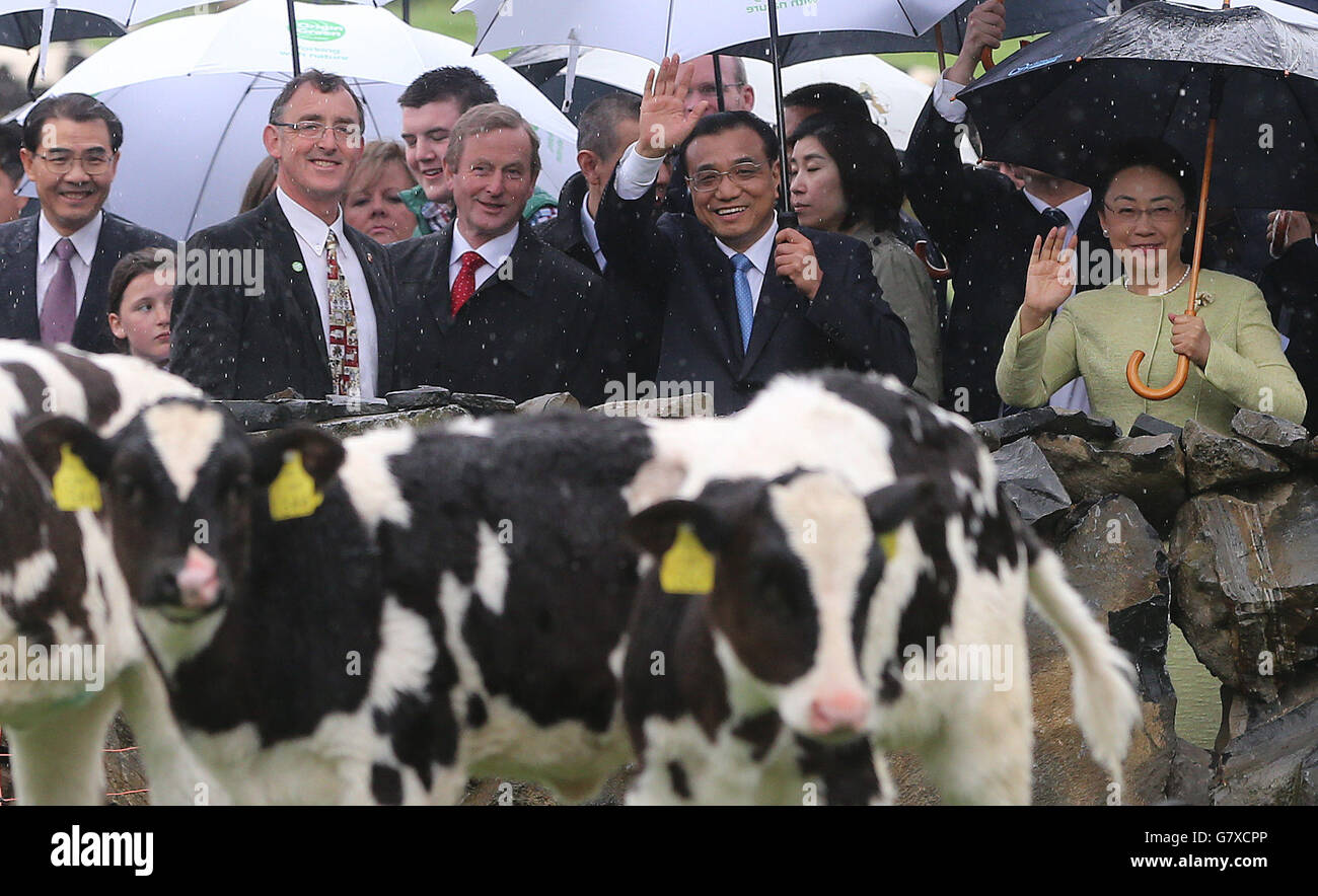 L-R Cathal Garvey, Taoiseach Enda Kenny, Premierminister der Republik der Leute von China Li Keqiang und seine Frau Hong Cheng bei einem Besuch in Garvey es Bauernhof in Gortbrack Ower, Co. Mayo. Stockfoto