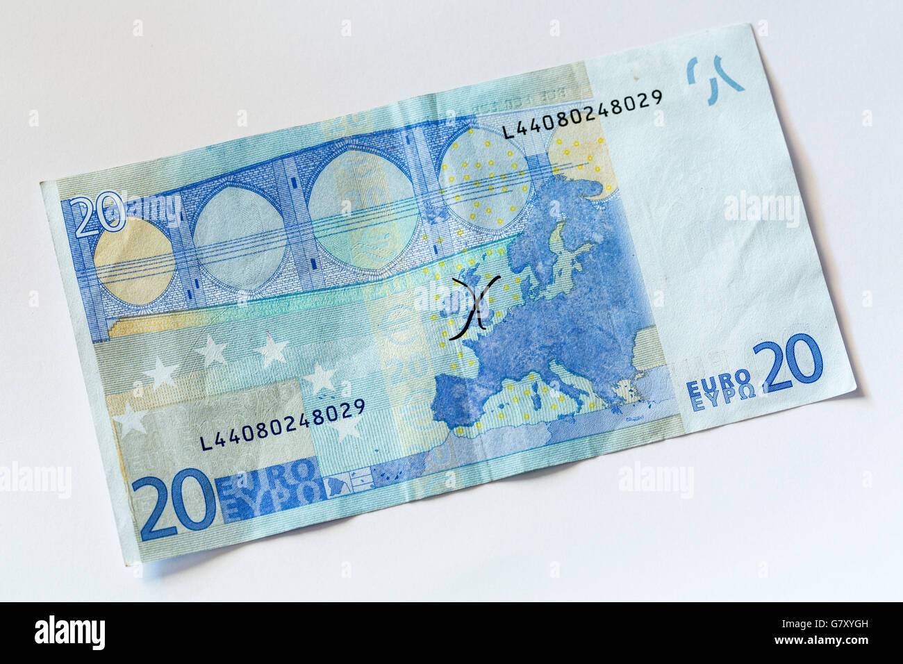 20-Euro-Schein mit einem X nach der Brexit-Referendum-Abstimmung durch das Vereinigte Königreich gezeichnet. Stockfoto