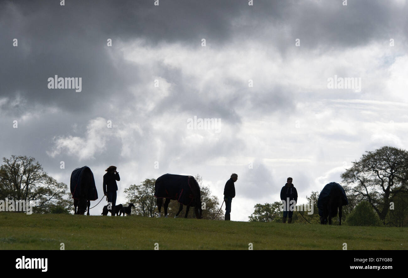 Pferde vor dem Badminton House am vierten Tag der Badminton Horse Trials, Badminton. Stockfoto