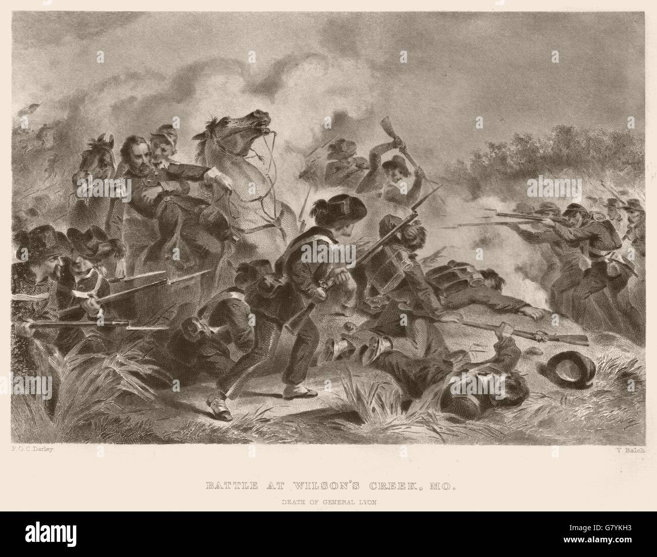 AMERIKANISCHER BÜRGERKRIEG. Schlacht bei Wilsons Creek. Allgemeine Lyon Tod. Missouri 1864 Stockfoto