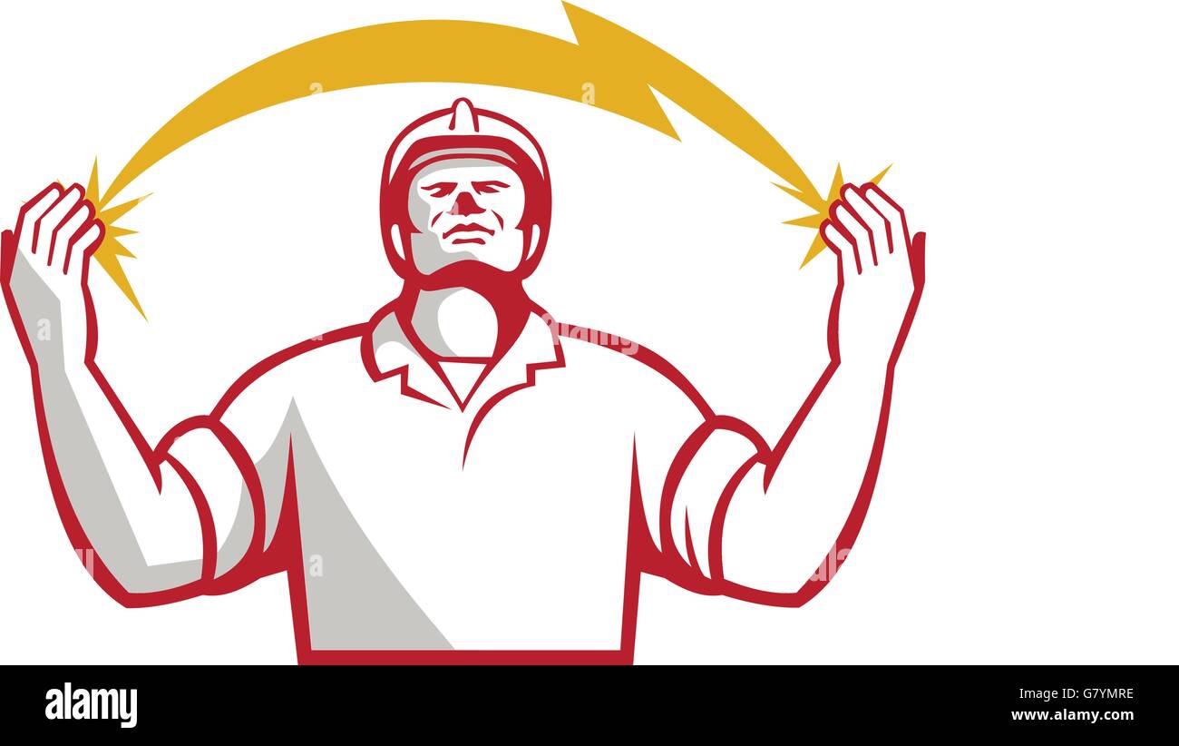 Illustration der Elektriker nachschlagen und Handzeichen mit Blitz schlug in beiden Händen von vorne am isolierten weißen Hintergrund getan im retro-Stil gesehen. Stock Vektor