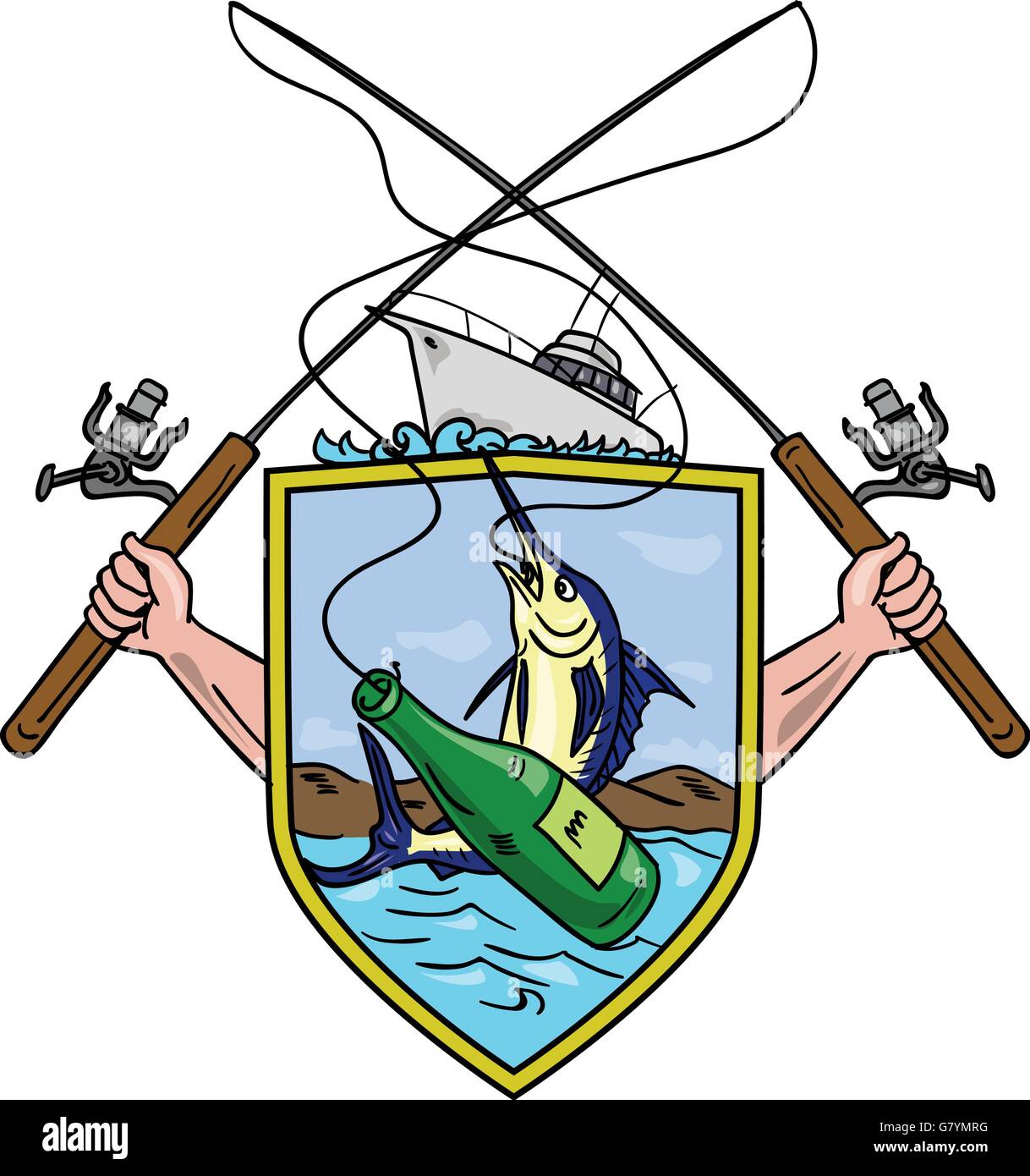 Zeichnung Skizze Stil Abbildung von Hand mit Angelrute und Rolle ein Bier Flasche und Blue Marlin Fisch einhaken setzen innen Wappen Schild Form Wappen mit tiefen Fischerboot auf erledigt. Stock Vektor
