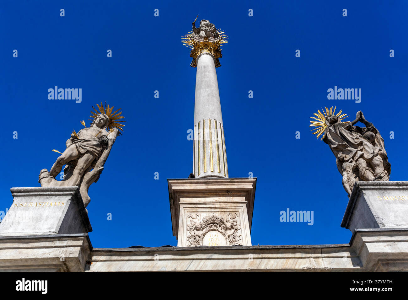 Pestsäule auf dem Platz der Freiheit (náměstí Svobody), Brno, Südmähren, Tschechische Republik Stockfoto