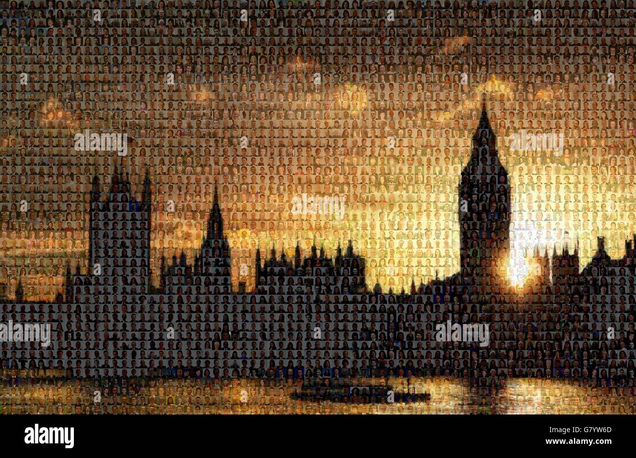 Dieses computergenerierte Mosaik zeigt mehr als 3,100 Kandidaten, die bei der Parlamentswahl am Donnerstag stehen, montagiert auf einem Bild des Parlaments. Stockfoto