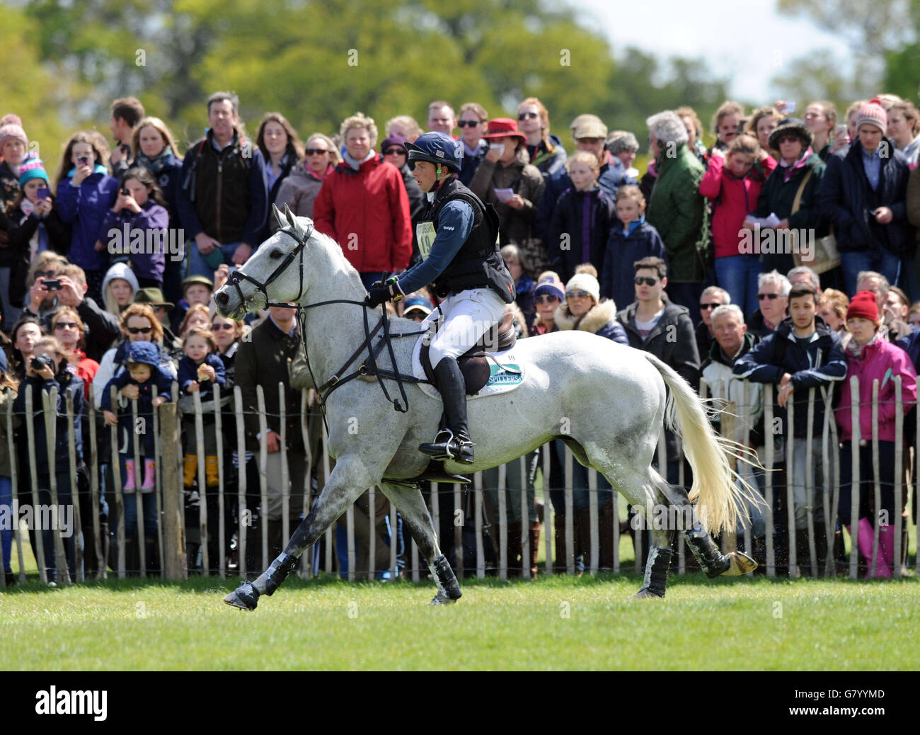 Der britische Harry Dzenis reitet Xam während des vierten Tages der Badminton Horse Trials, Badminton. Stockfoto