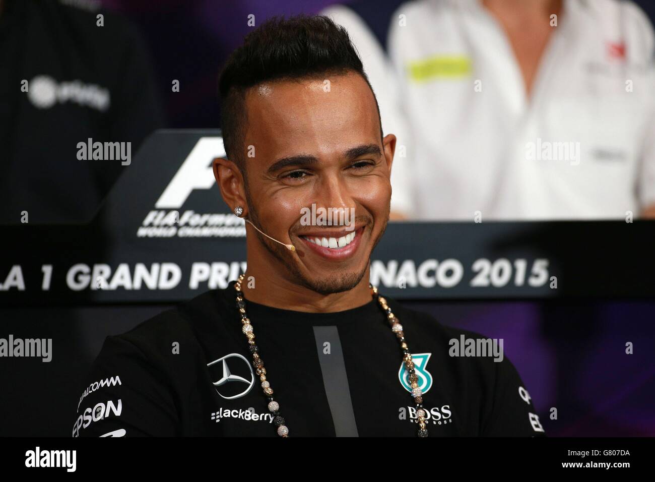Motorsport - Formel-1-Weltmeisterschaft - großer Preis von Monaco 2015 - Paddock Day - Circuit de Monaco. Mercedes Lewis Hamilton während der FIA-Pressekonferenz auf dem Circuit de Monaco, Monte Carlo, Monaco. Stockfoto