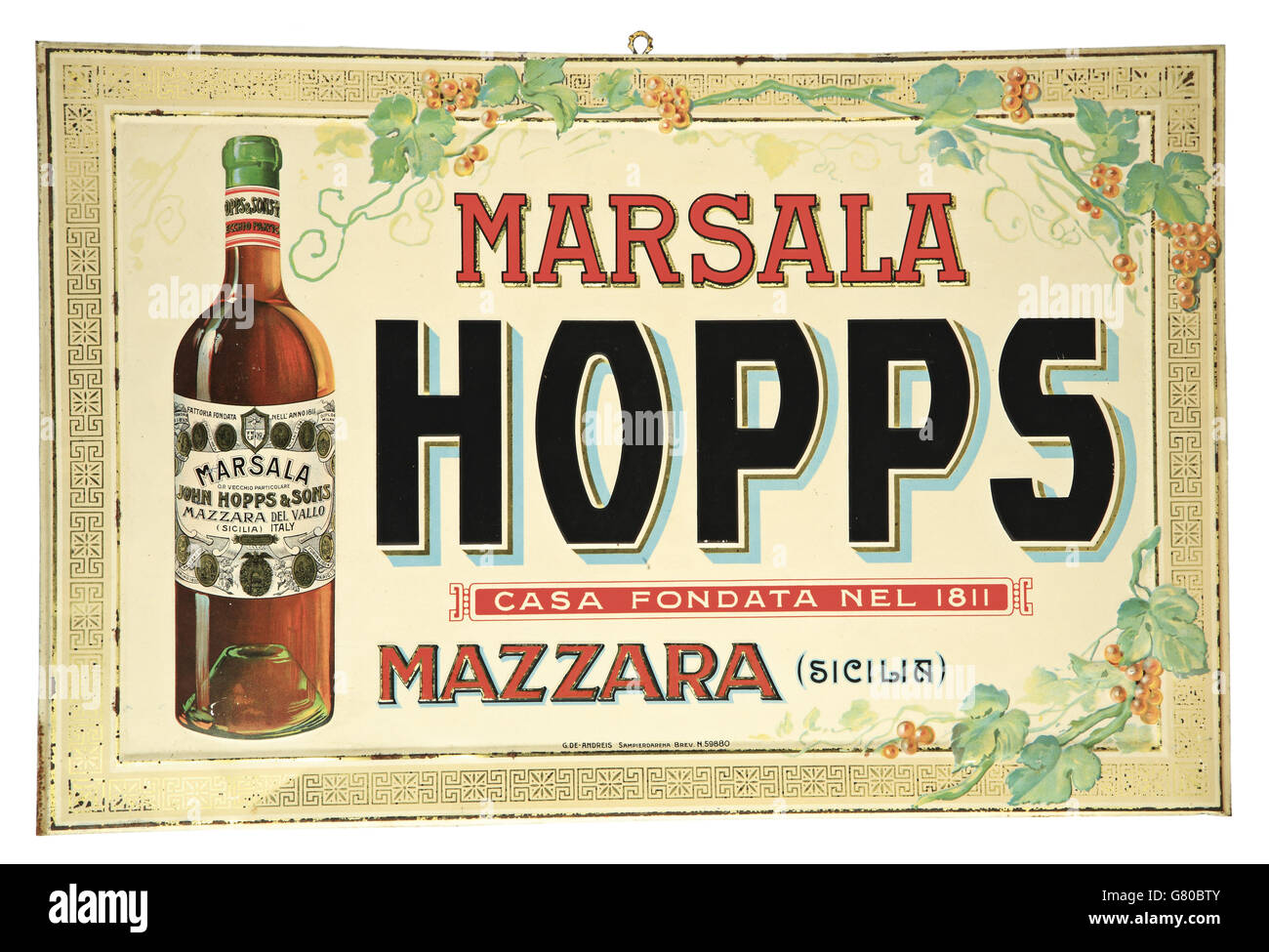 Italien Sizilien Marsala Wein, alte Poster von Marsala Hopps - 1920 Stockfoto