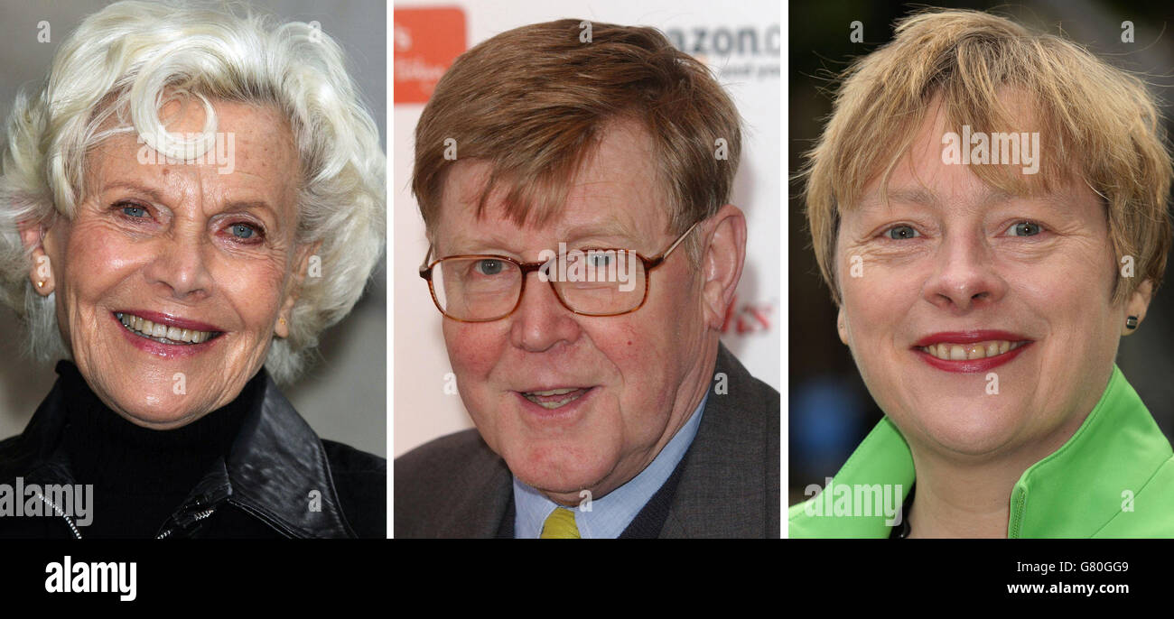 Fotos von (von links) Honor Blackman, Alan Bennett und Angela Eagle. Stockfoto