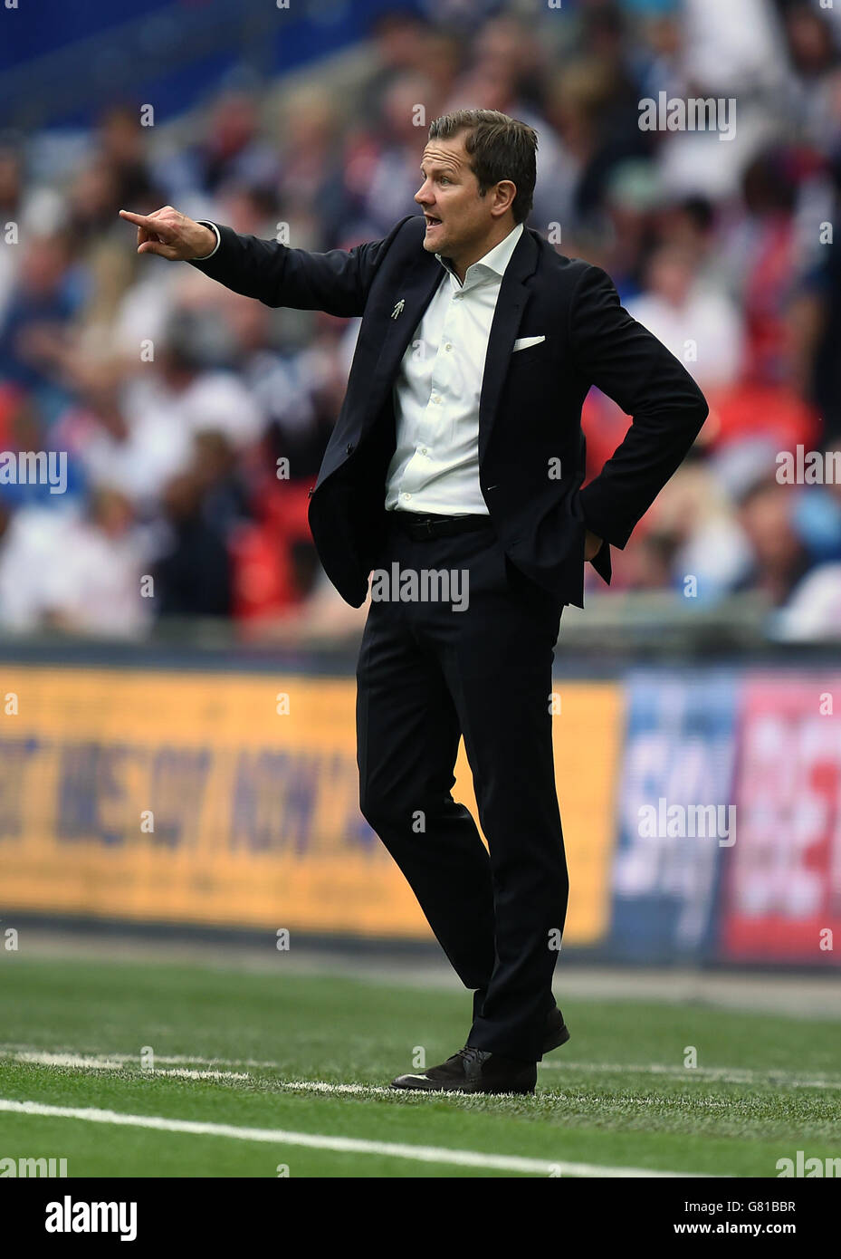 Fußball - Sky Bet League One - Play Off - Finale - Preston North End gegen Swindon Town - Wembley Stadium. Swindon Town Manager Mark Cooper an der Touchline Stockfoto