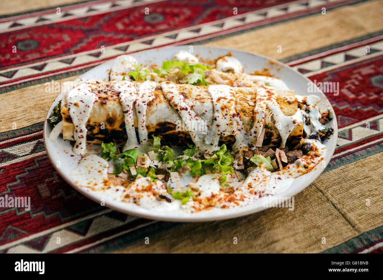 Kebab Döner Gyros Hähnchen wrap Platte Snack Essen mit Knoblauch-Sauce ... Kebab Döner Gyros Hähnchen wrap Platte Snack Essen mit Knoblauch-Sauce ...