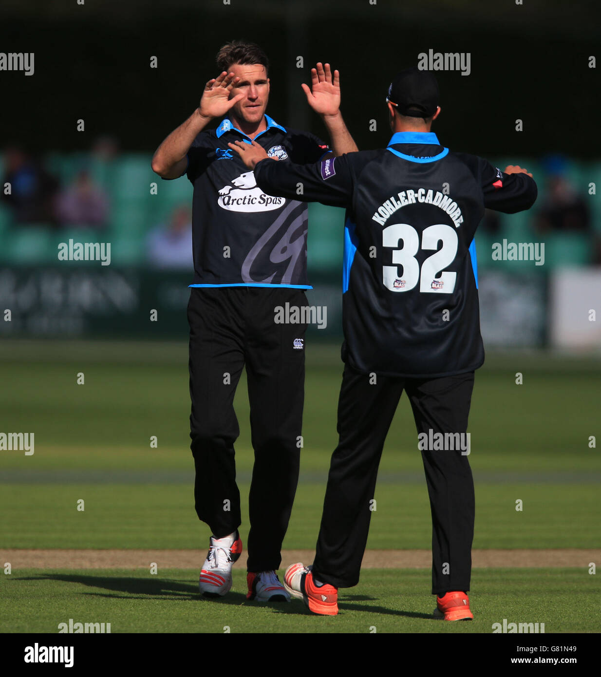 Worcestershire Rapids-Bowler Jack Shantry feiert die Aufnahme von Leicestershire Foxes Batsman Ned Eckersley während des NatWest T20 Blast-Spiels in New Road, Worcester. Stockfoto