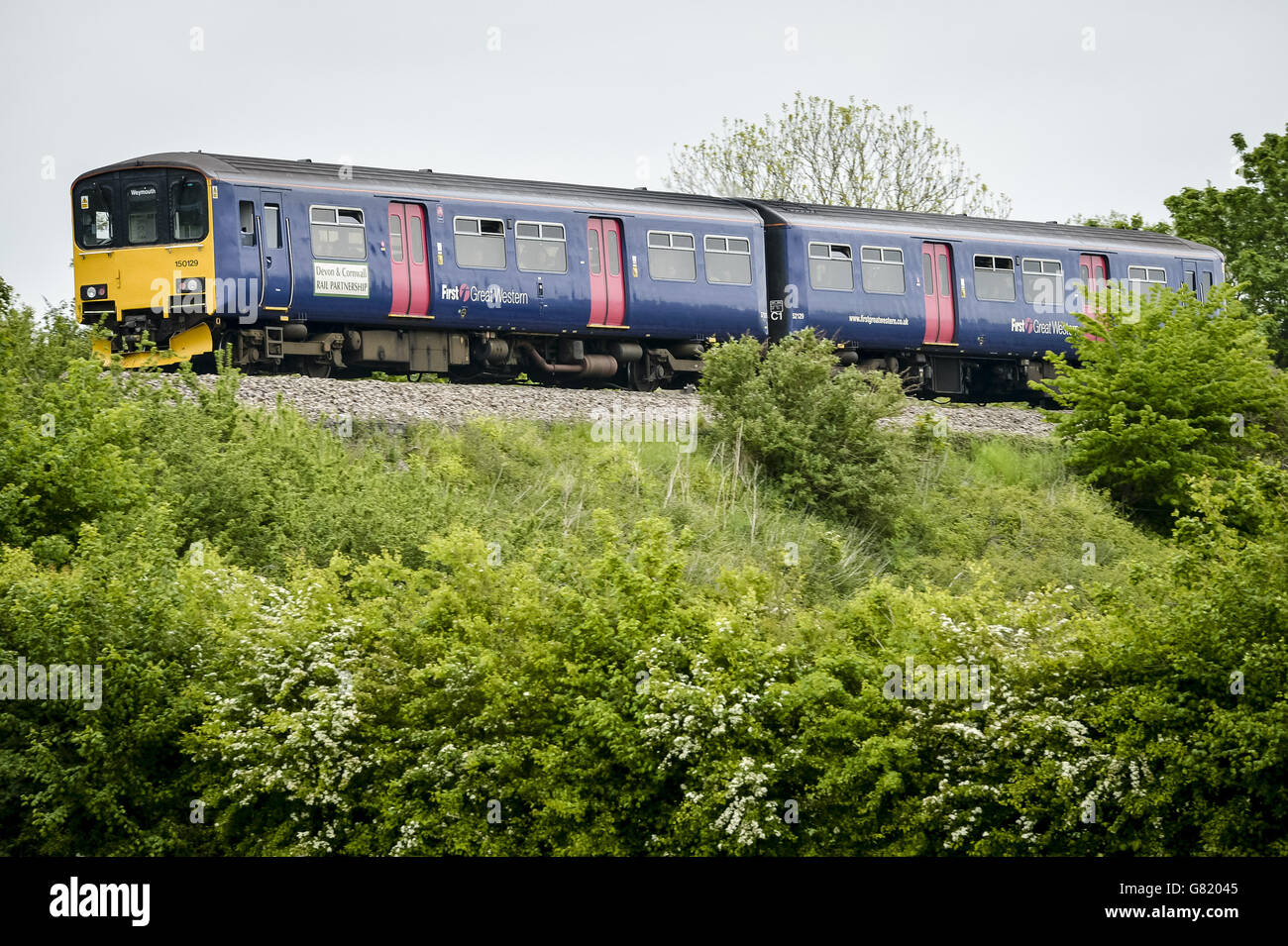 Eisenbahnbestand. Ein erster Great Western-Zug fährt auf der London-Linie durch die Landschaft nach Bristol. Stockfoto