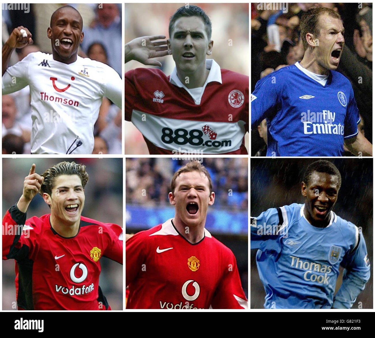 Die Nominierungen für den Young Player of the Year Award der Professional Footballers' Association sind: (Oben links im Uhrzeigersinn) Tottenhams Jermain Defoe, Middlesbroughs Stewart Downing, Chelseas Arjen Robben, Shaun Wright-Phillips von Manchester City und Wayne Rooney und Cristiano Ronaldo von Manchester United. Stockfoto