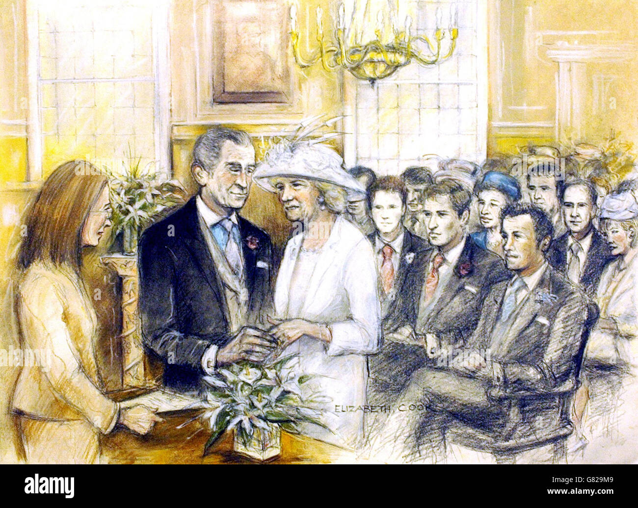 Der Eindruck eines Künstlers, wie die königliche Hochzeit zwischen dem Prinzen von Wales und Camilla Parker Bowles in Windsor Guildhall ausgesehen haben könnte. Der Zugang der Medien zur zivilen Zeremonie war nicht erlaubt, aber die Künstlerin Elizabeth Cook fertigte diese Zeichnung mit Fotos des Veranstaltungsortes und der Mitglieder der Hochzeitsfeier an. Stockfoto