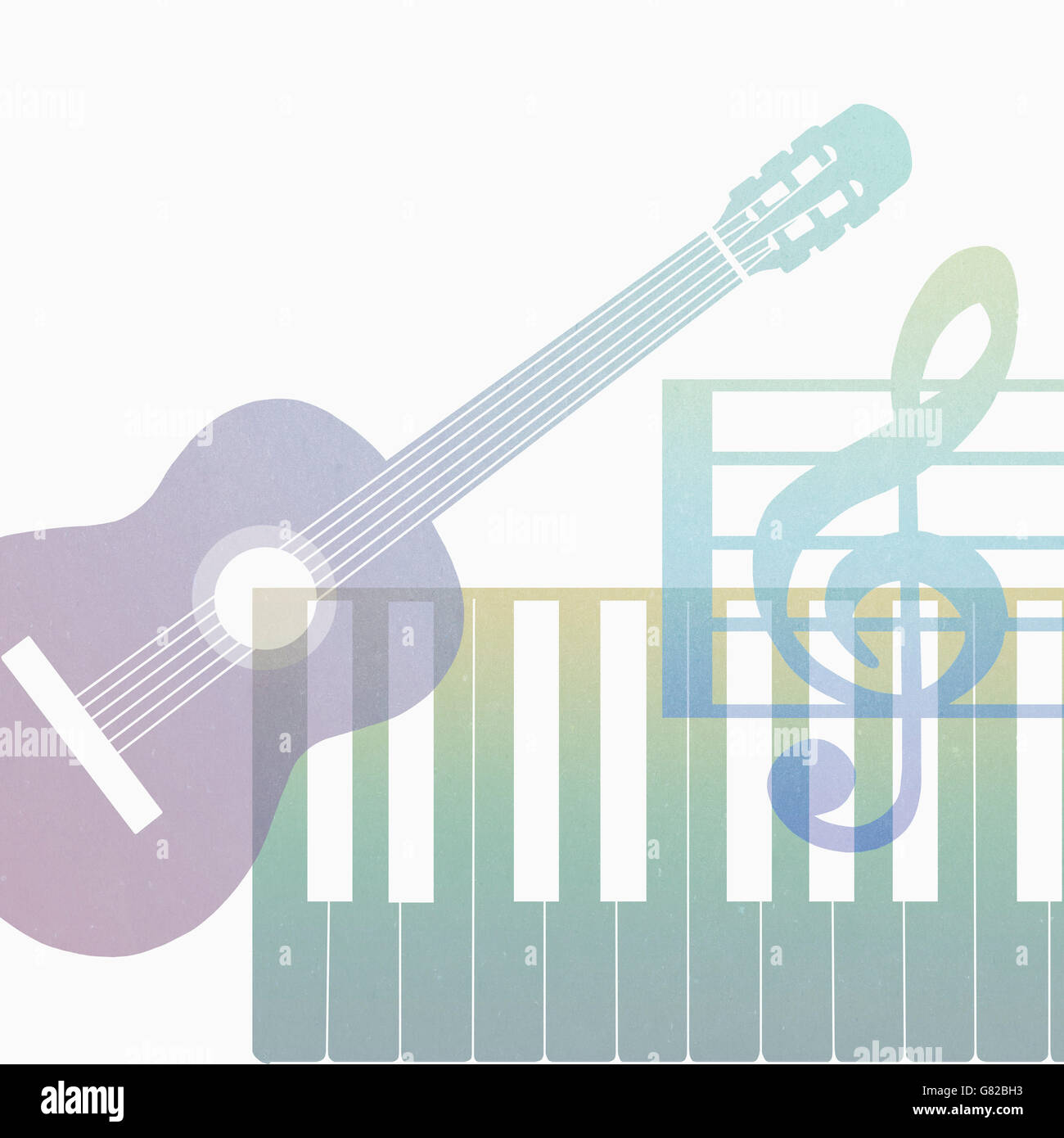 Digitalen zusammengesetztes Bild der bunten Gitarre und Piano-Tasten mit Violinschlüssel vor weißem Hintergrund Stockfoto