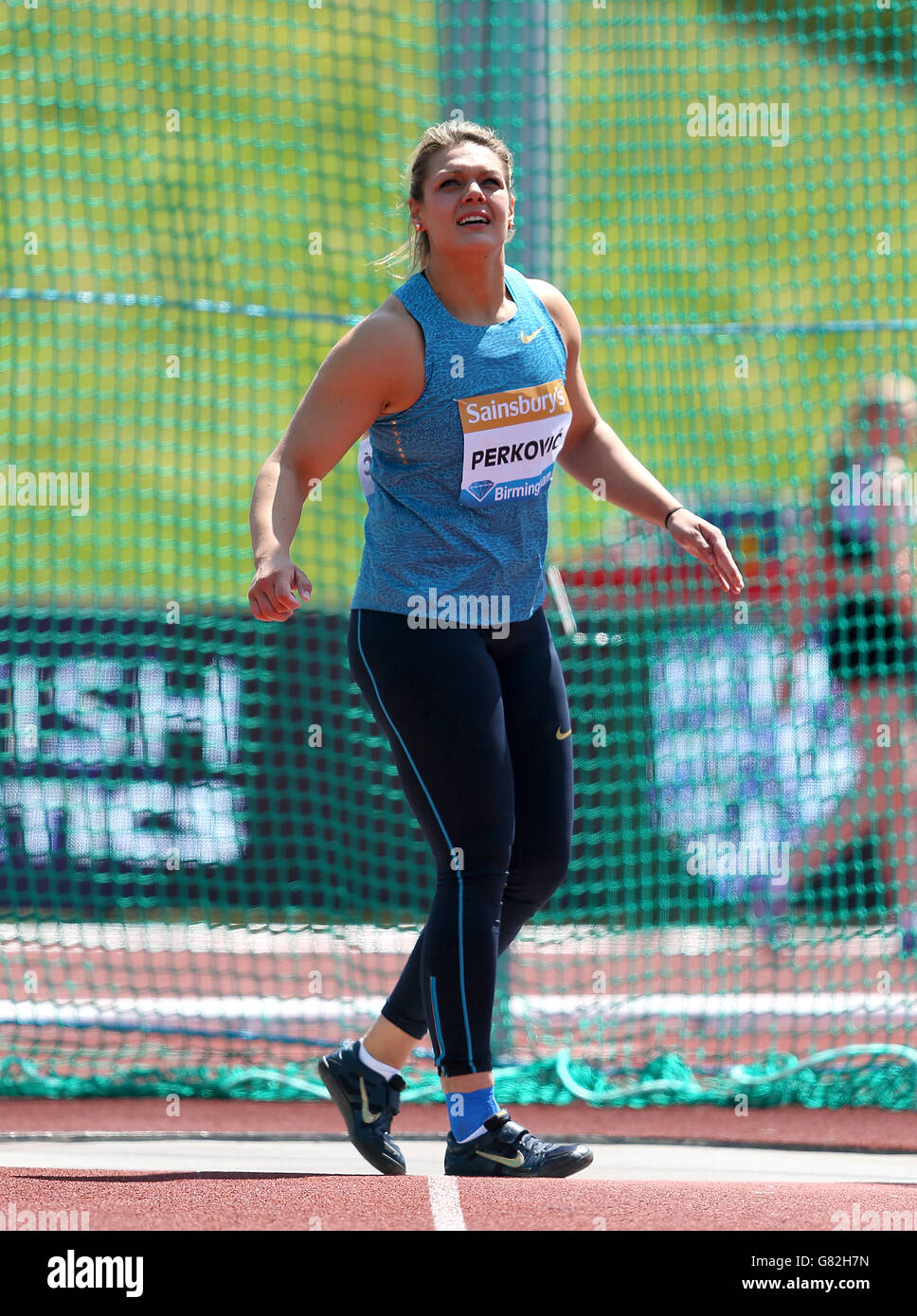 Sandra Perkovic beim Discus Throw während des Sainsbury's Birmingham Grand Prix im Alexander Stadium, Birmingham. Stockfoto