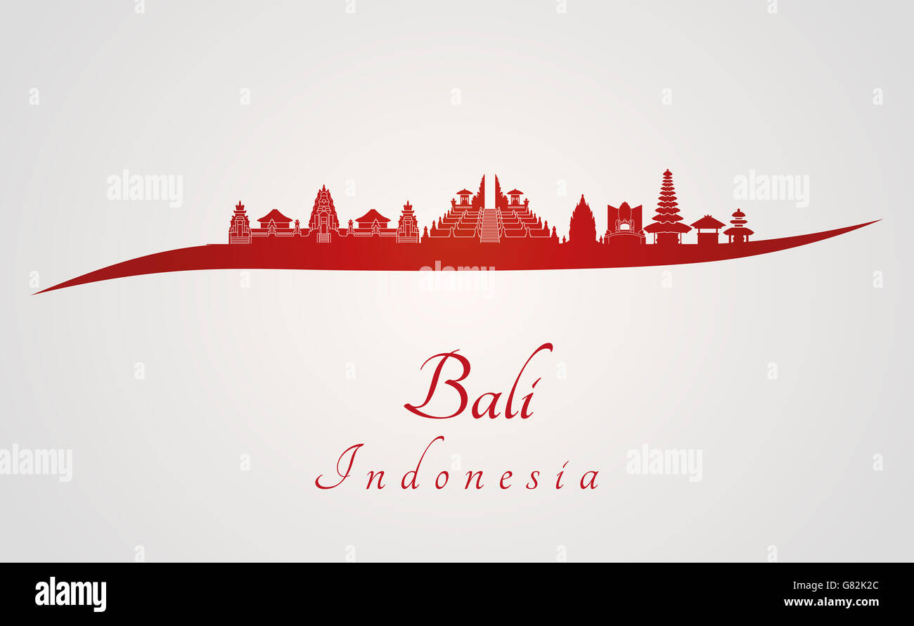 Bali-Skyline im roten und grauen Hintergrund in bearbeitbare Vektordatei Stockfoto