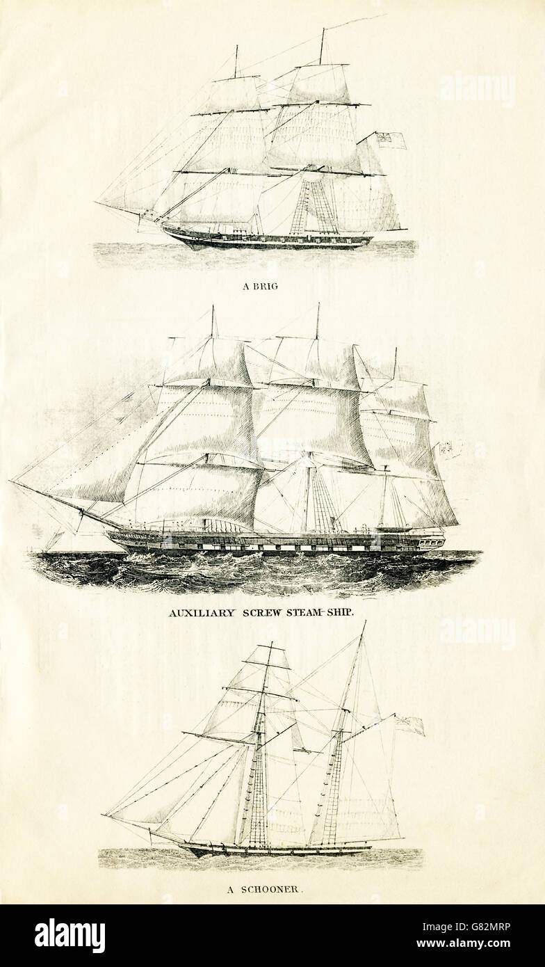 Diese drei Schiffe sind von oben nach unten: eine Brigg, eine zusätzliche Dampfschiff und ein Schoner. Die Abbildung stammt aus den 1800er Jahren. Stockfoto