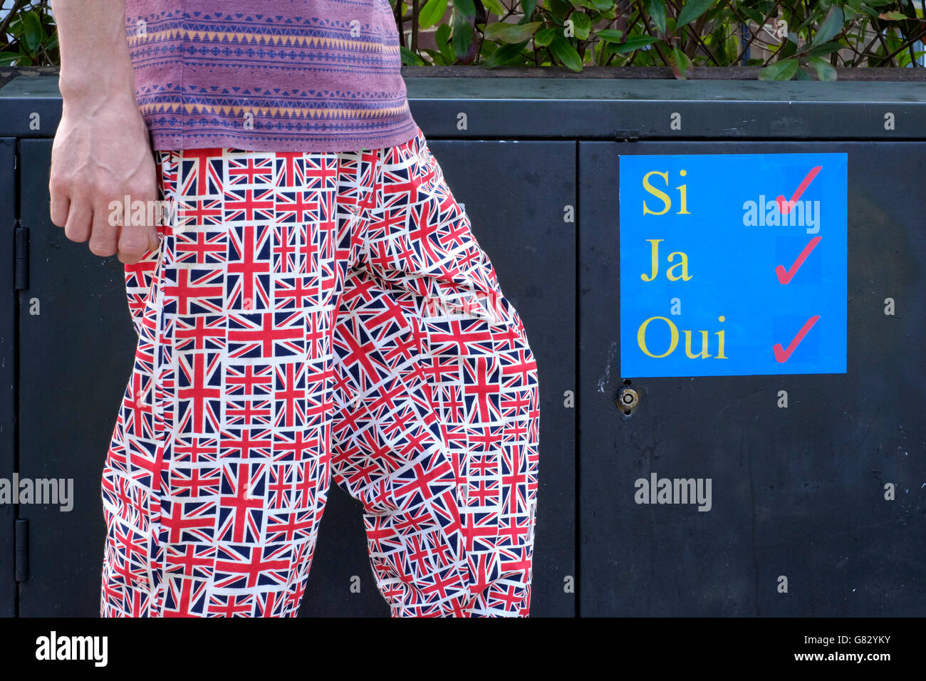 junge männliche männlich Anschluß-Markierungsfahne Hosen vorbeigehen ein bleiben in EU-Zeichen auf einer Straße Schrank England uk Stockfoto