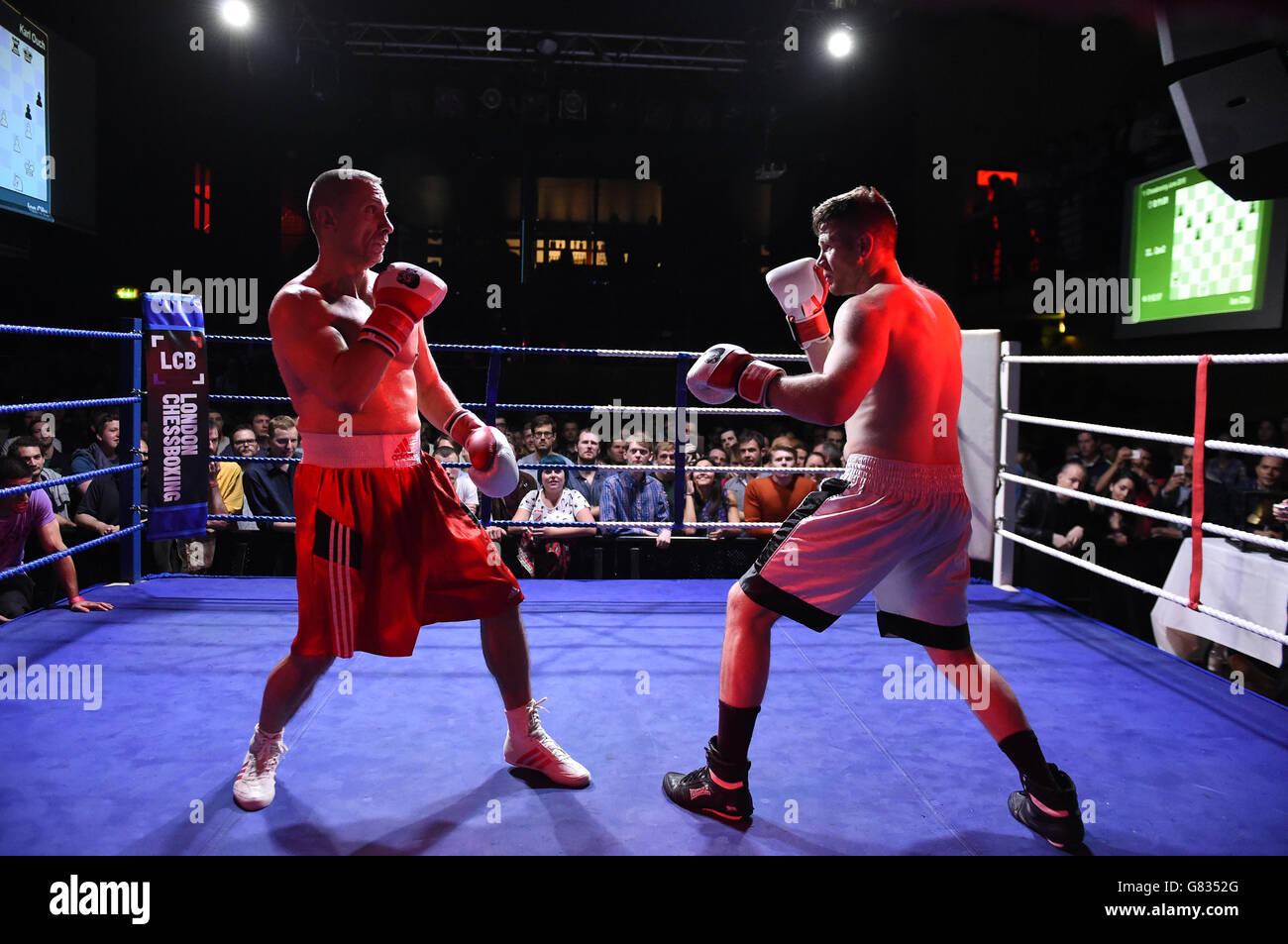 Sport - London Chessboxing Großmeister Bash! - Scala. Karl Ouch (rechts) und Ion Citu während einer Boxrunde während ihres Kampfs an der Scala, London Stockfoto