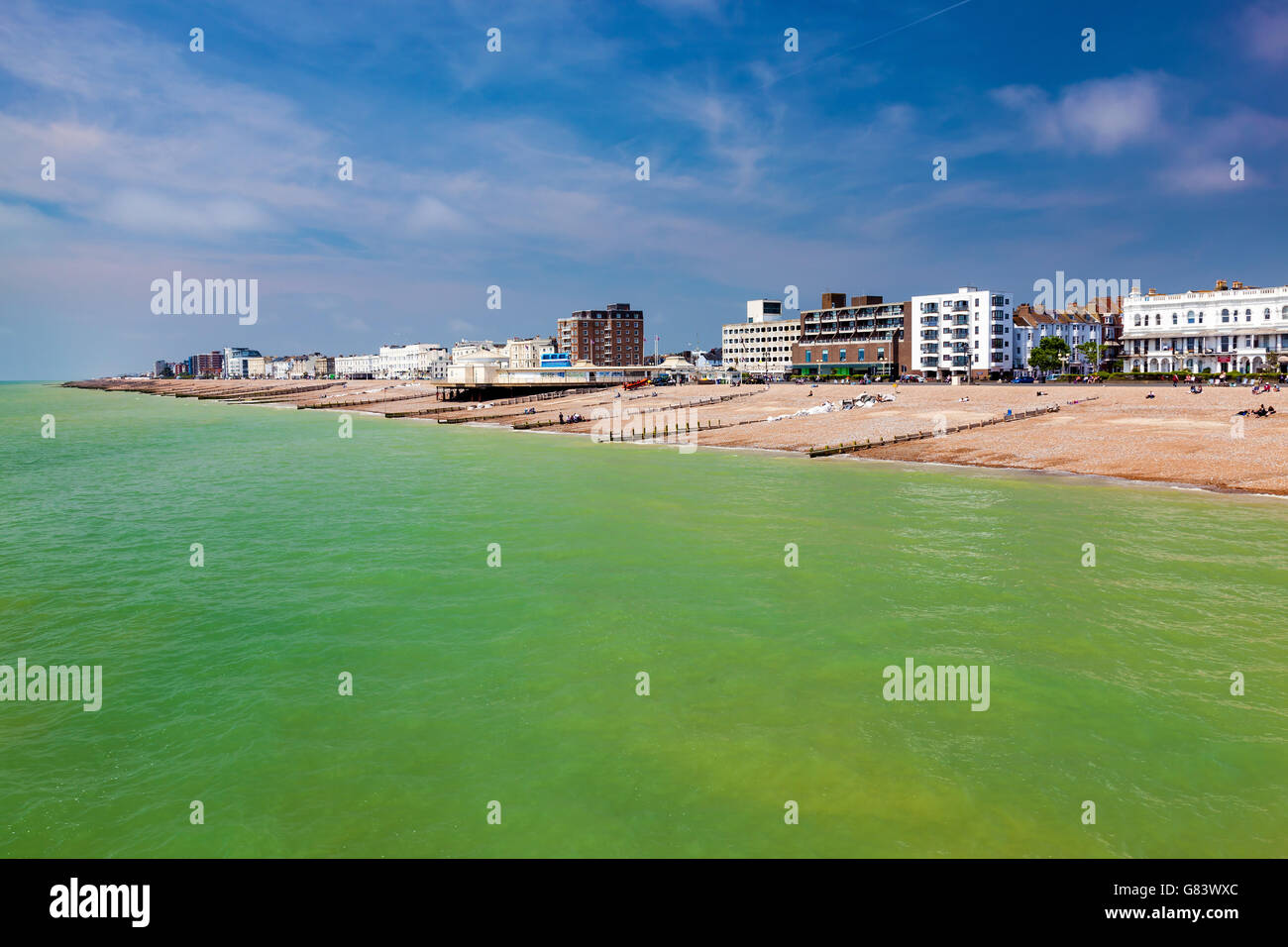 Der Strand von der Pier in Worthing West Sussex England UK Europa aus gesehen Stockfoto