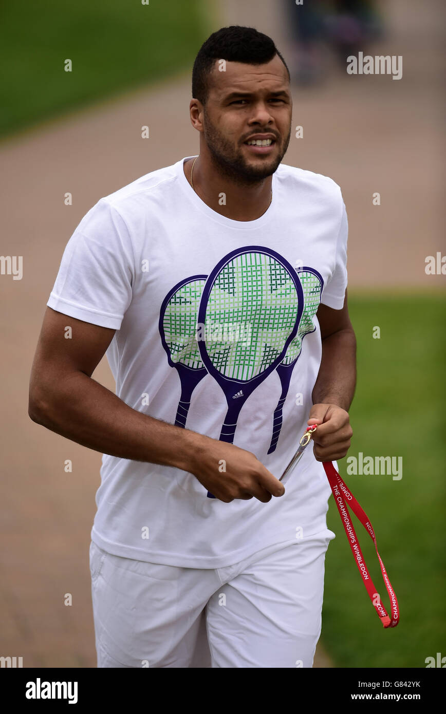 Jo-Wilfried Tsonga während eines Vorschauungstages für die Wimbledon Championships im All England Lawn Tennis und Croquet Club, Wimbledon. Stockfoto