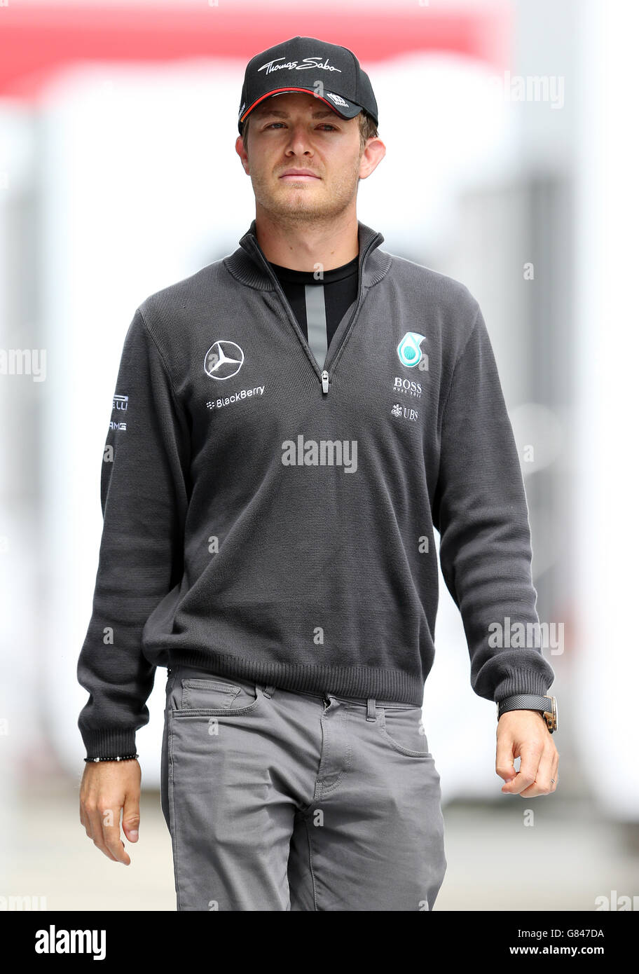 Mercedes Nico Rosberg beim Paddock Day des britischen Grand Prix 2015 auf dem Silverstone Circuit, Towcester. Stockfoto