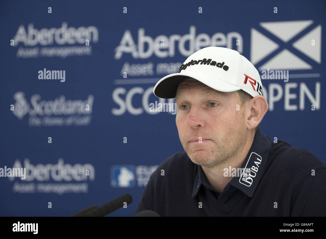 Scot Stephen Gallacher beantwortet Fragen der Medien während eines Vorschauungstages vor den Scottish Open im Gullane Golf Club, East Lothian. DRÜCKEN SIE VERBANDSFOTO. Bilddatum: Mittwoch, 8. Juli 2015. Siehe PA Geschichte GOLF Scottish Open. Der Bildnachweis sollte lauten: Kenny Smith/PA Wire. EINSCHRÄNKUNGEN: Keine kommerzielle Nutzung. Keine falsche kommerzielle Vereinigung. Keine Videoemulation. Keine Bildbearbeitung. Stockfoto