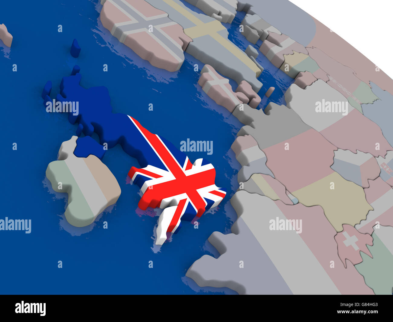 Vereinigtes Königreich mit Flagge nach Vorbild der Welt hervorgehoben. 3D illustration Stockfoto
