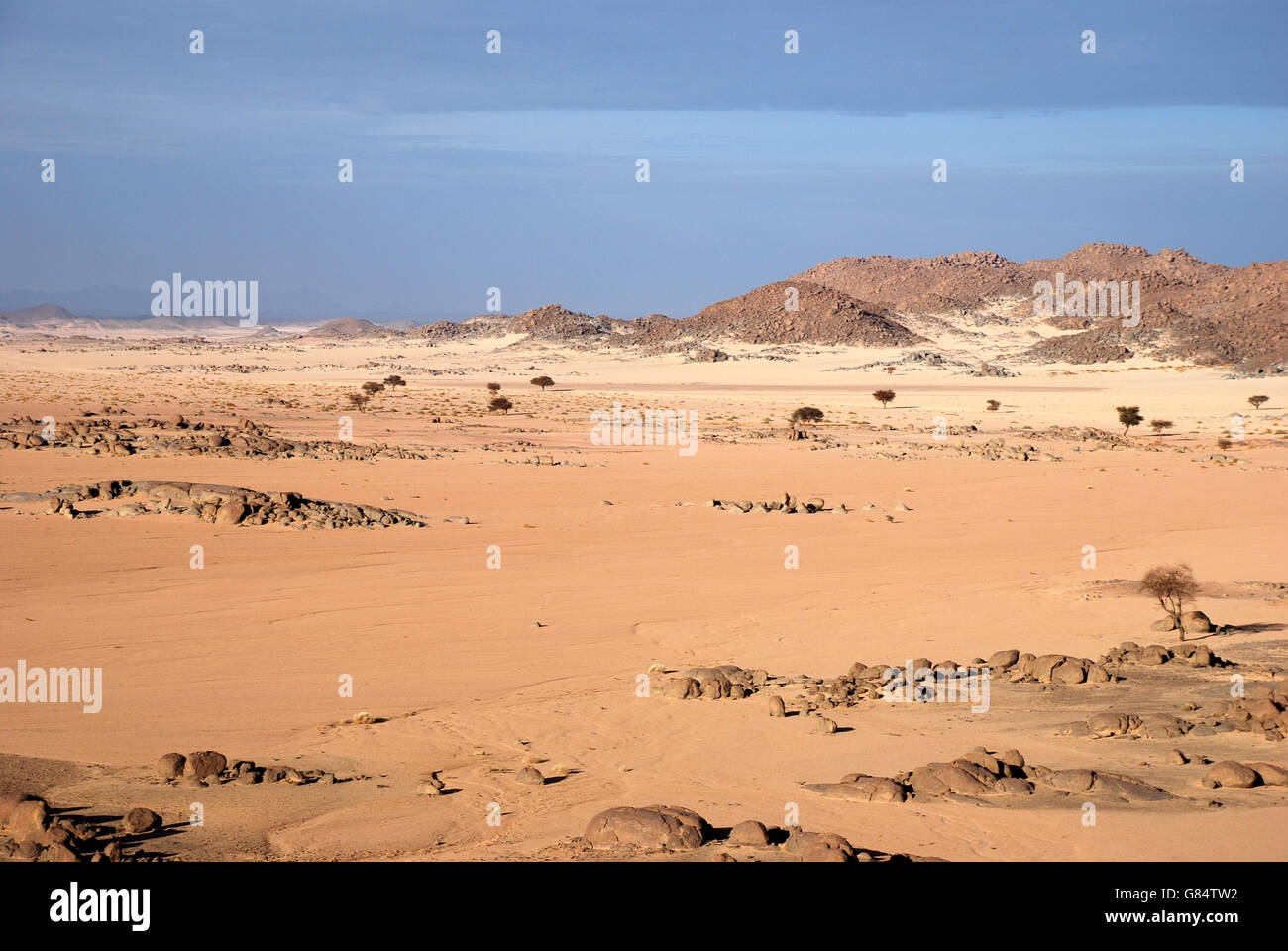 Wüste, Algerien, Sand, Berge, blauer Himmel, Felsen, Erosion, Textfreiraum Stockfoto