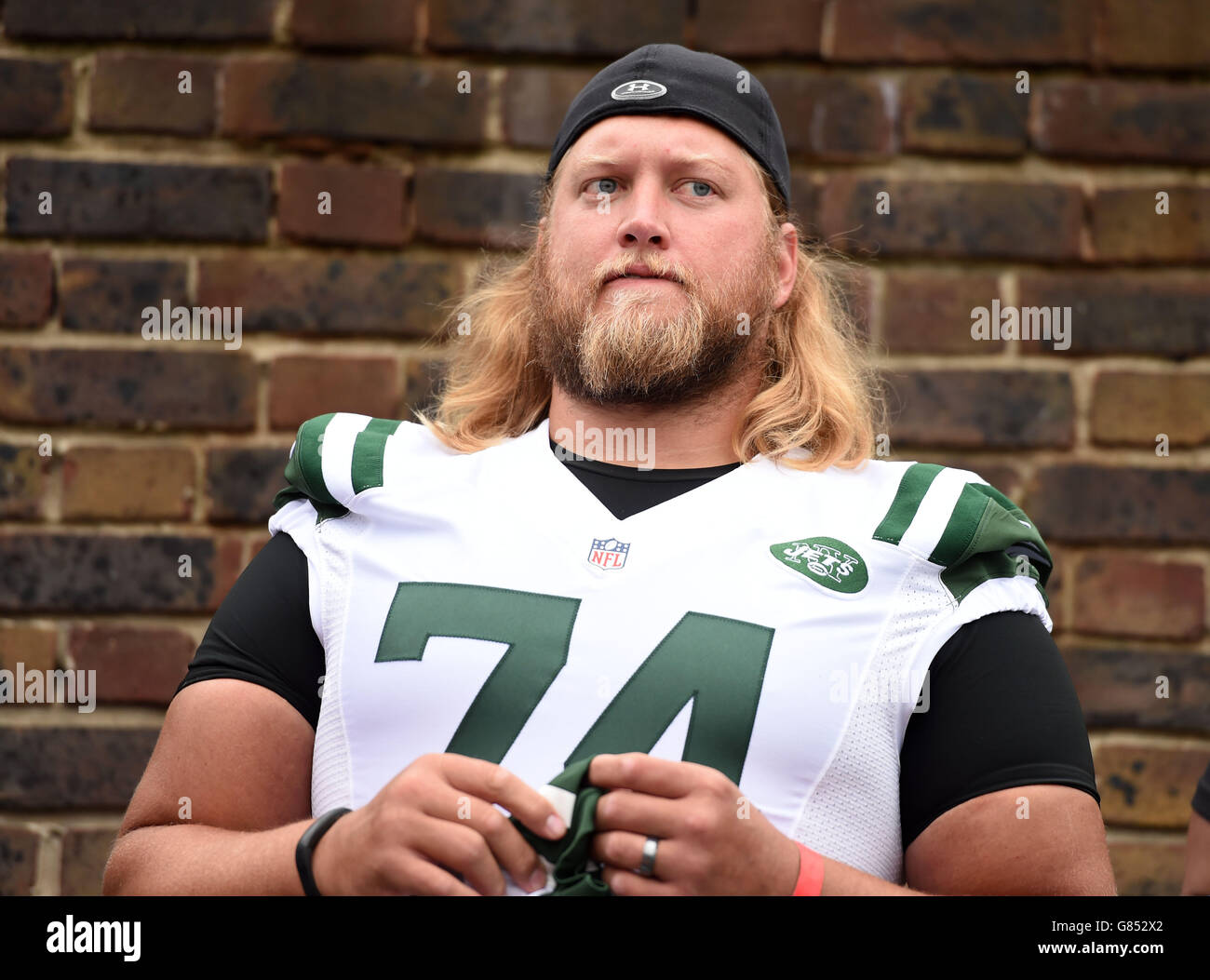 NFL – International Series Media Day – Black Prince Community Hub. New York Jets Center, Nick Mangold während des International Series Media Day im Black Prince Community Hub, London. Stockfoto