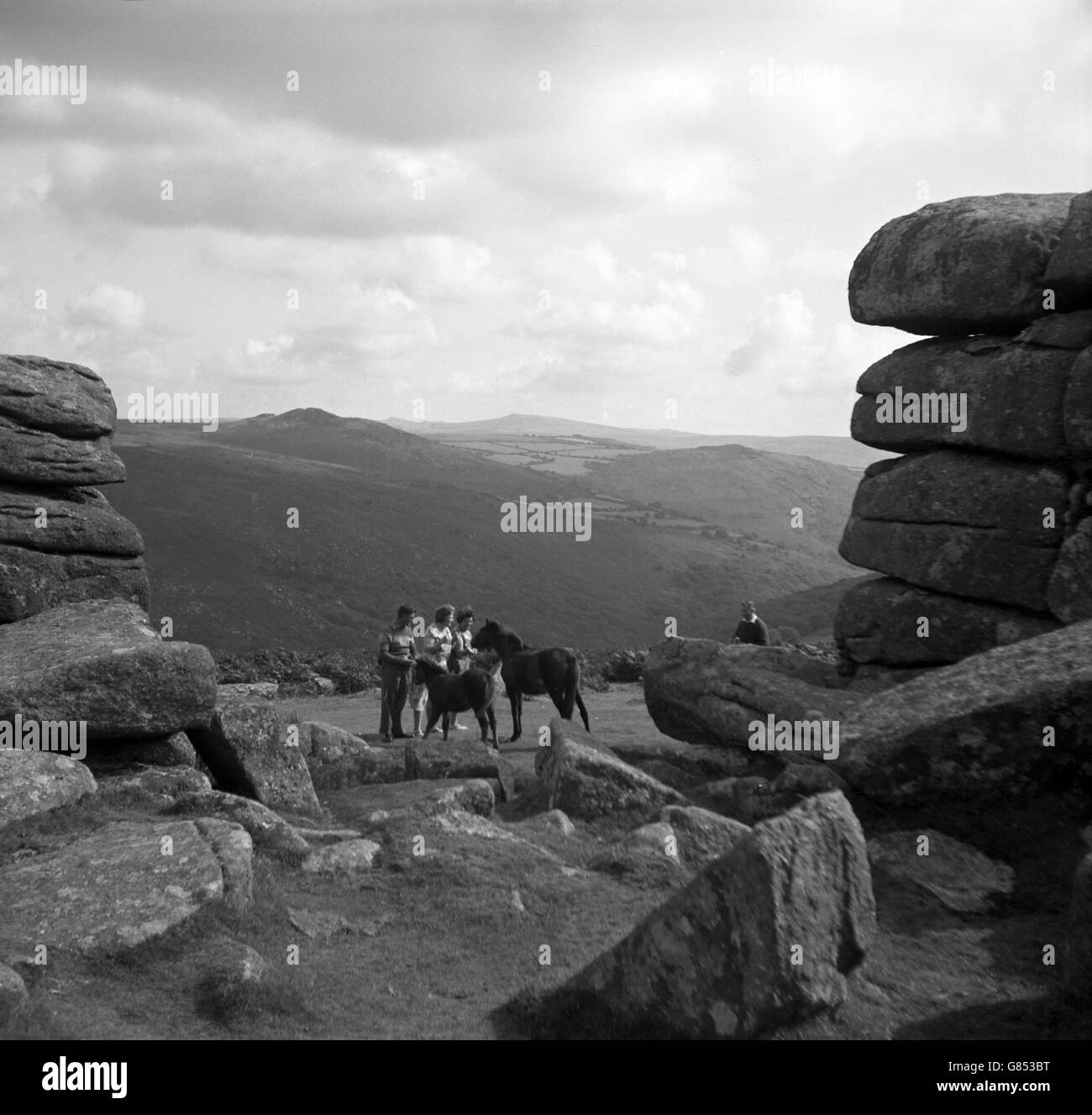 Wanderer treffen auf zwei wilde Ponys zwischen den Felsen des Combestone Tor am Dartmoor. Stockfoto