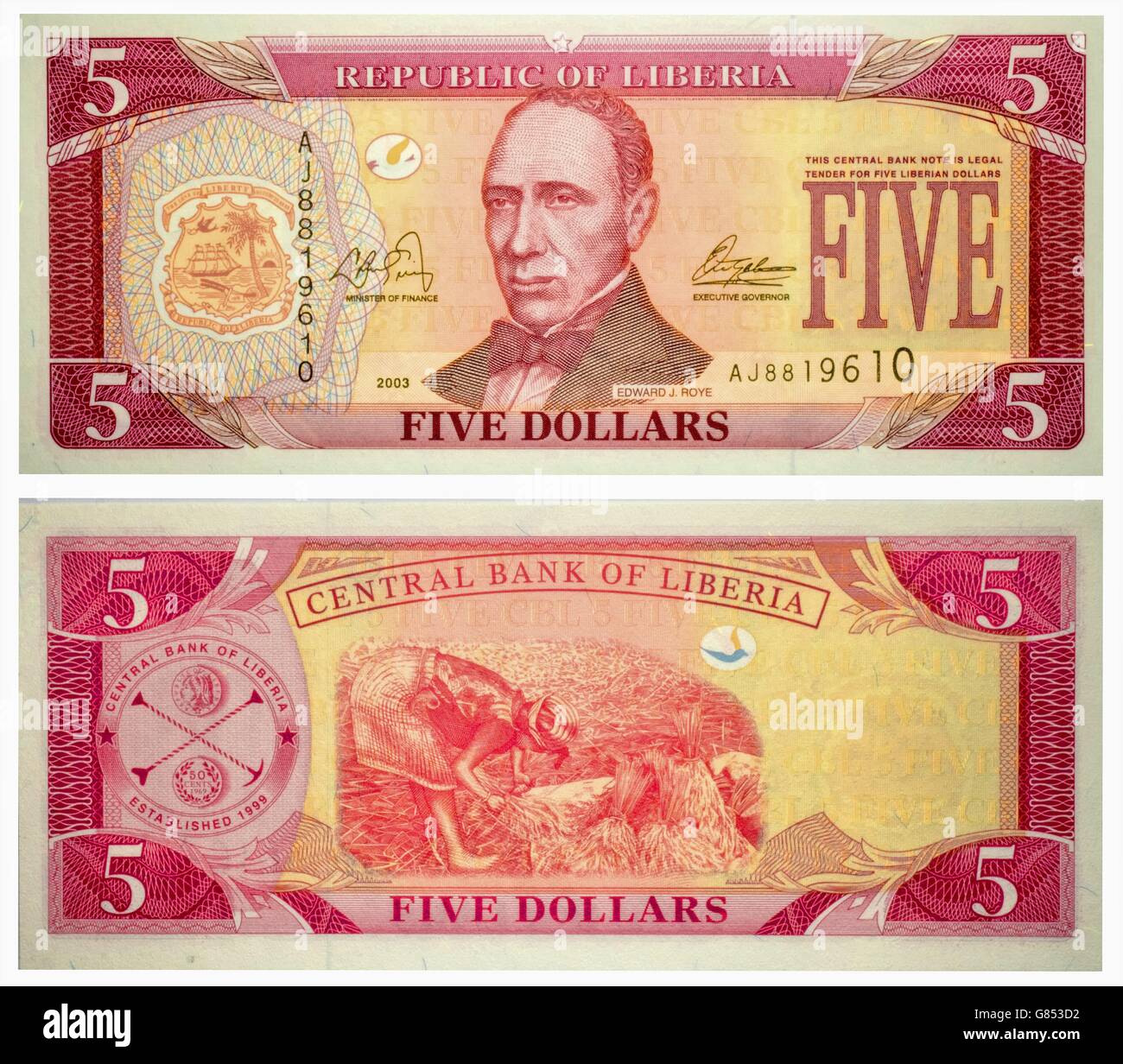 Banknote 5 Dollar Liberia Vorder- und Rückseite isoliert auf weiss auf 2003 ausgestrahlt. Edward J. Roye in Mitte. Rückseite: Bäuerin Stockfoto