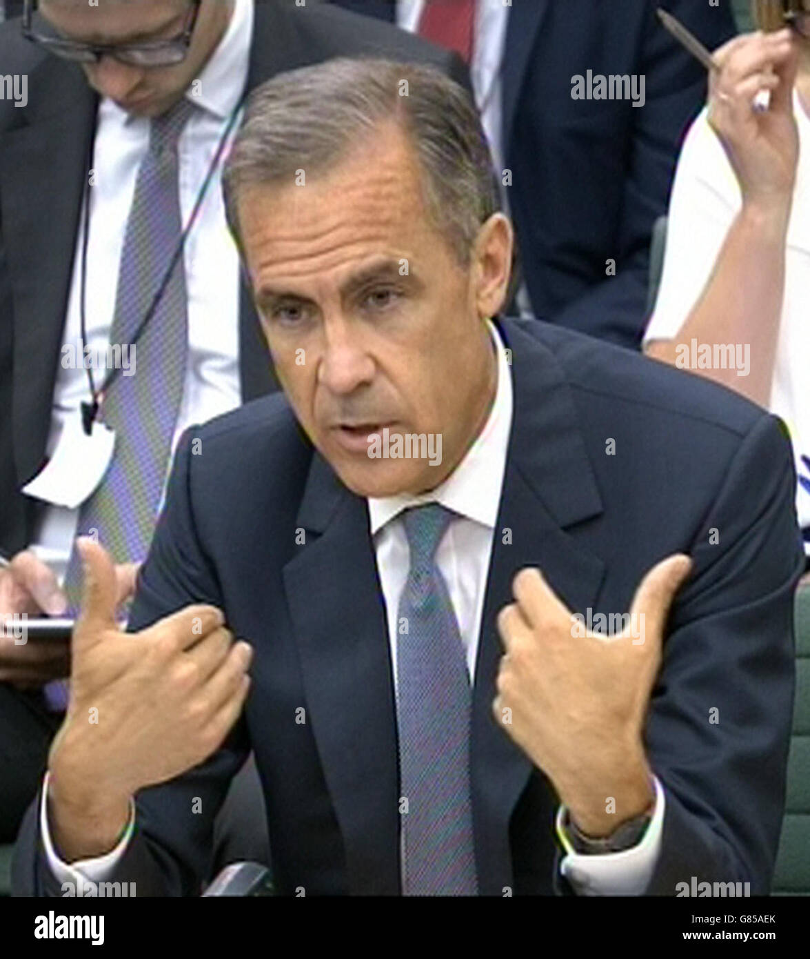Gouverneur der Bank von England Mark Carney zeugt, Treasury Select Committee im House Of Commons, London. Stockfoto