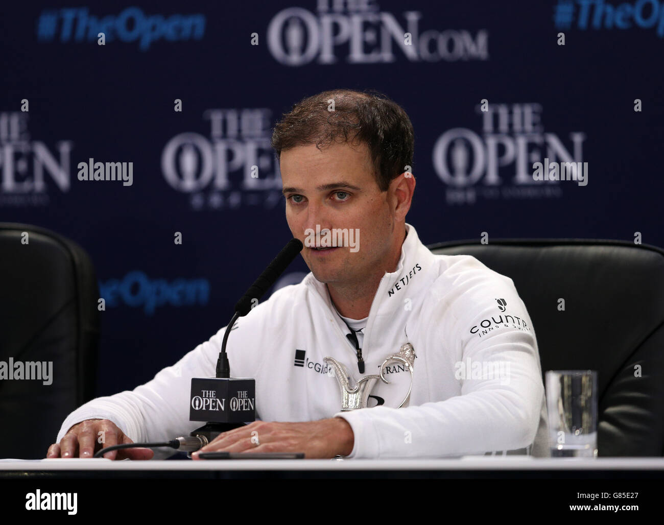 Golf - The Open Championship 2015 - Tag Fünf - St Andrews. Der US-Amerikaner Zach Johnson bei einer Pressekonferenz nach dem Gewinn der Open Championship in St Andrews, Fife. Stockfoto