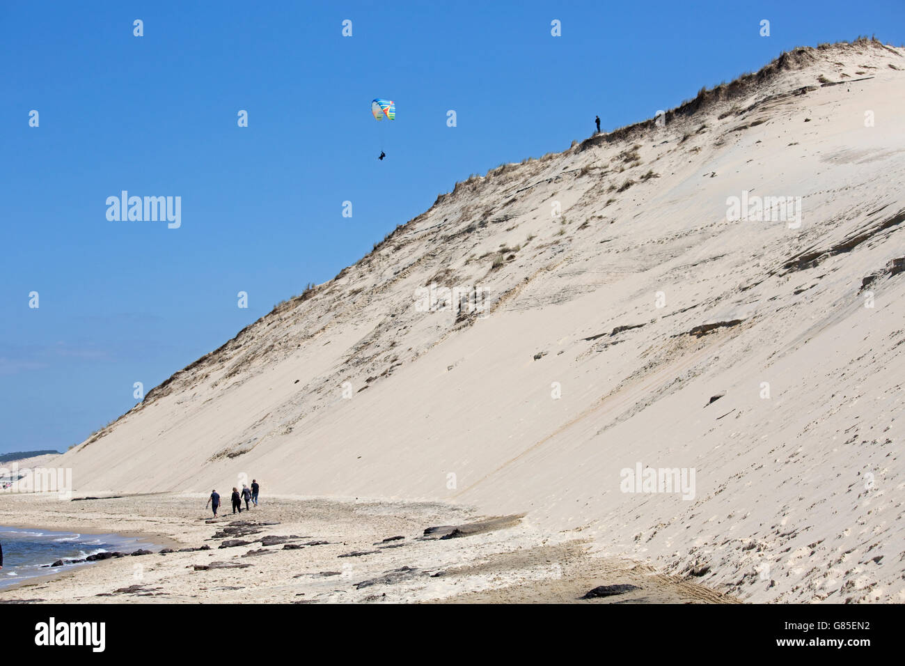 Menschen zu Fuß am Strand mit vordringenden Sanddünen am großen Düne von Pyla Südfrankreich Stockfoto