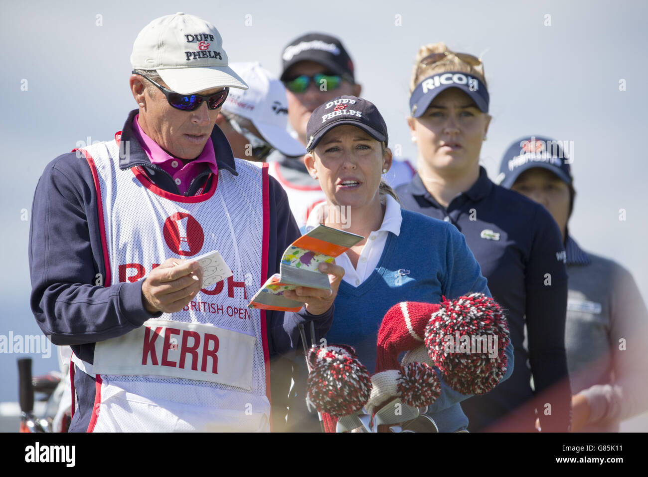 USA'S Cristie Kerr (Mitte) am ersten Tag der Ricoh Women's British Open im Trump Turnberry Resort, South Ayrshire. DRÜCKEN SIE VERBANDSFOTO. Bilddatum: Donnerstag, 30. Juli 2015. Siehe PA Geschichte GOLF Frauen. Der Bildnachweis sollte lauten: Kenny Smith/PA Wire. EINSCHRÄNKUNGEN: Keine kommerzielle Nutzung. Keine falsche kommerzielle Vereinigung. Keine Videoemulation. Keine Bildbearbeitung. Stockfoto