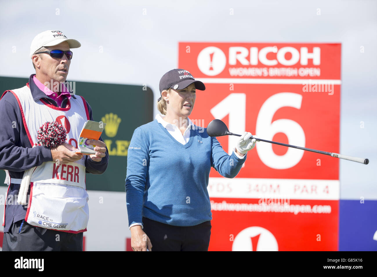 USA'S Cristie Kerr (rechts) am ersten Tag der Ricoh Women's British Open im Trump Turnberry Resort, South Ayrshire. DRÜCKEN SIE VERBANDSFOTO. Bilddatum: Donnerstag, 30. Juli 2015. Siehe PA Geschichte GOLF Frauen. Der Bildnachweis sollte lauten: Kenny Smith/PA Wire. EINSCHRÄNKUNGEN: Keine kommerzielle Nutzung. Keine falsche kommerzielle Vereinigung. Keine Videoemulation. Keine Bildbearbeitung. Stockfoto