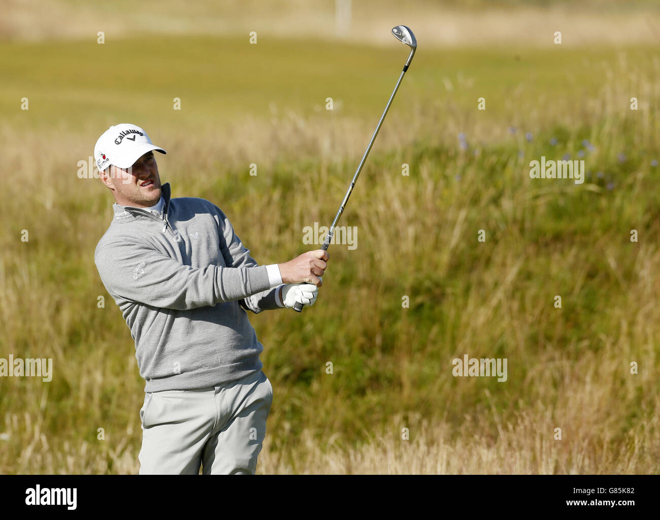 Marc Warren Eagle schoss am 1., um Tyrrell Hatton zu schlagen, nachdem ihr Spiel am dritten Tag des Saltyre Energy Paul Lawrie Match Play im Murcar Links Golf Club, Aberdeen, zu einem zusätzlichen Loch gegangen war. Stockfoto